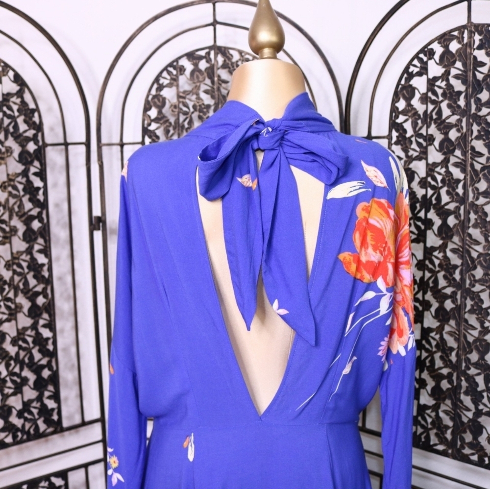 Free People Gemma Floral Tie Neck Open Back Tunic, Long Sleeve Dress, Small Blue - Picture 4 of 8
